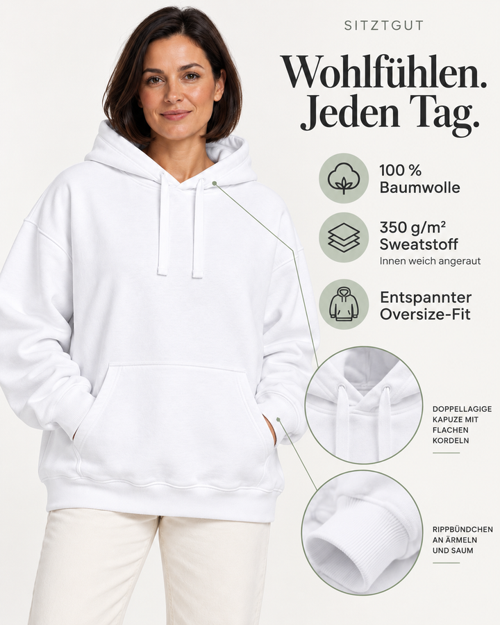 Sitztgut Damen-Hoodie aus Baumwolle, Oversized Fit – Weiß – Material und Produktvorteile mit weiblichem Model