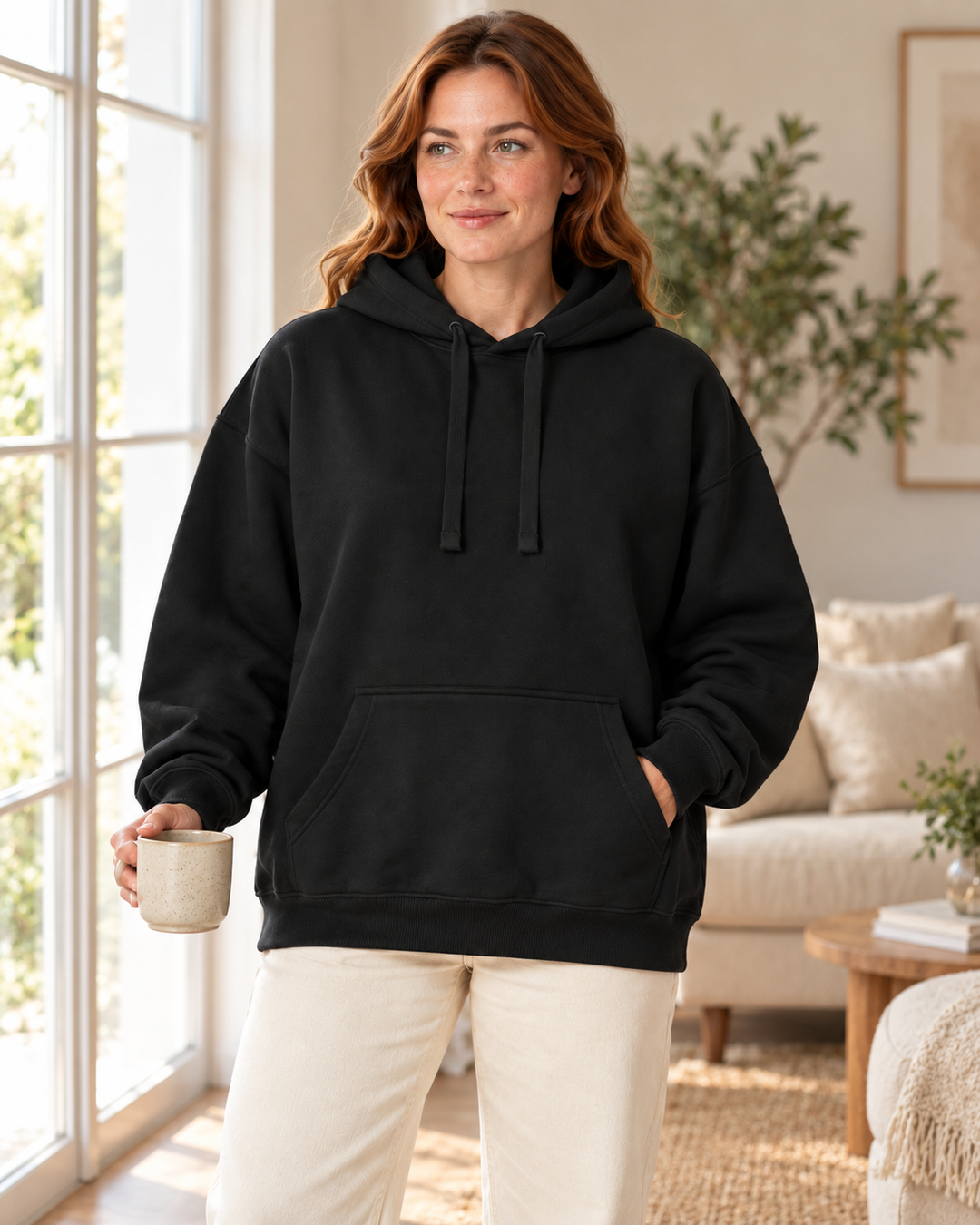 Sitztgut Damen-Hoodie aus Baumwolle, Oversized Fit – Schwarz – Lifestyle 2 mit weiblichem Model