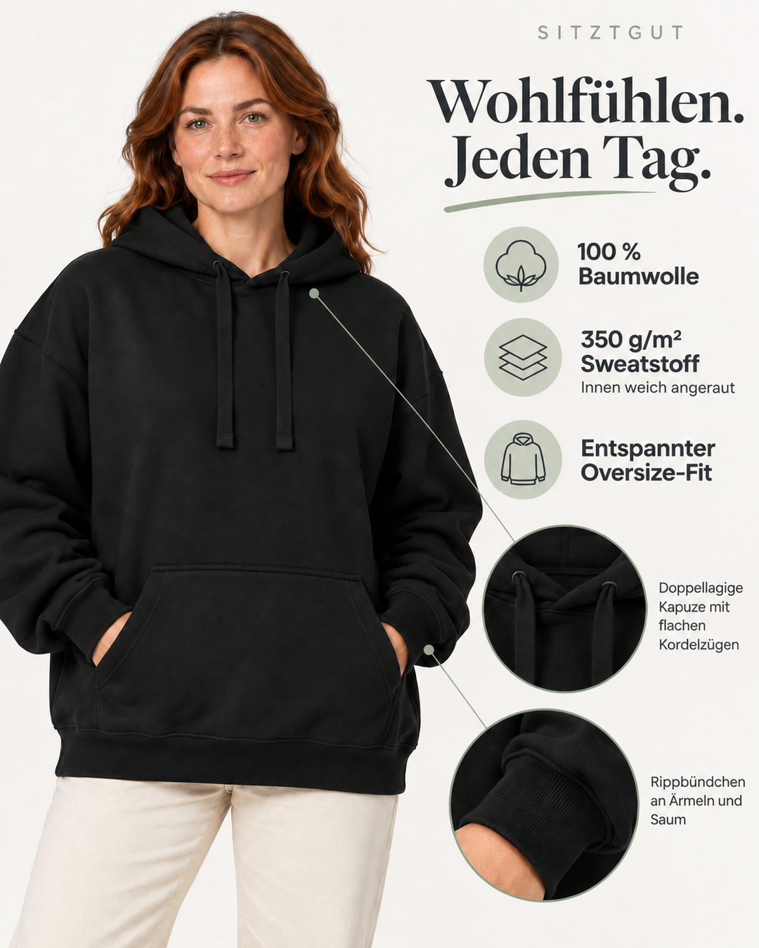 Sitztgut Damen-Hoodie aus Baumwolle, Oversized Fit – Schwarz – Material und Produktvorteile mit weiblichem Model