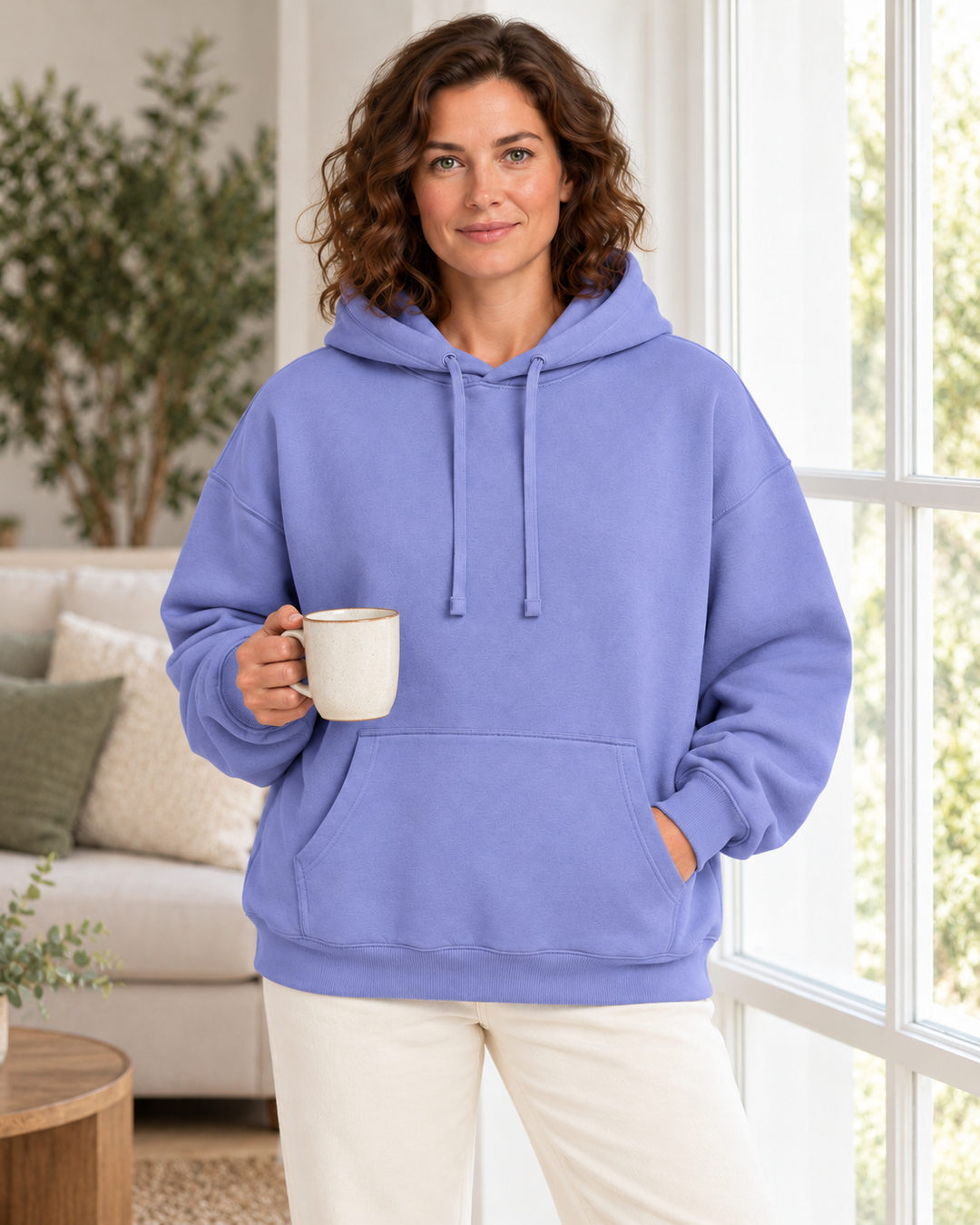 Sitztgut Damen-Hoodie aus Baumwolle, Oversized Fit – Violet – Lifestyle 2 mit weiblichem Model