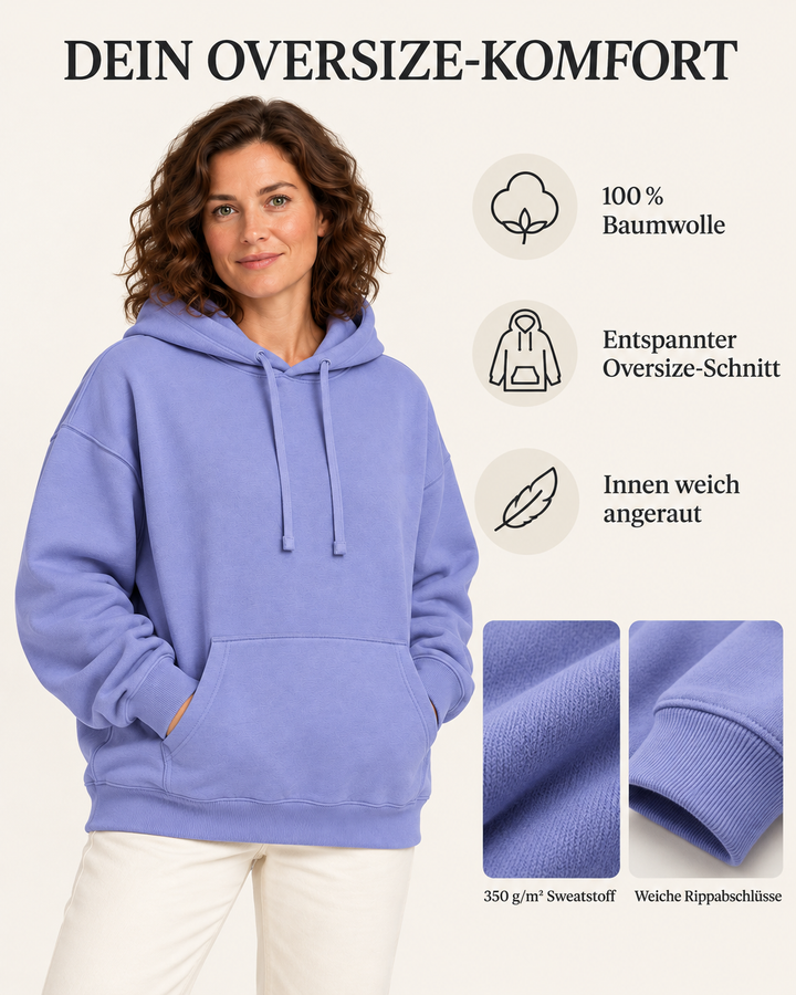 Sitztgut Damen-Hoodie aus Baumwolle, Oversized Fit – Violet – Material und Produktvorteile mit weiblichem Model