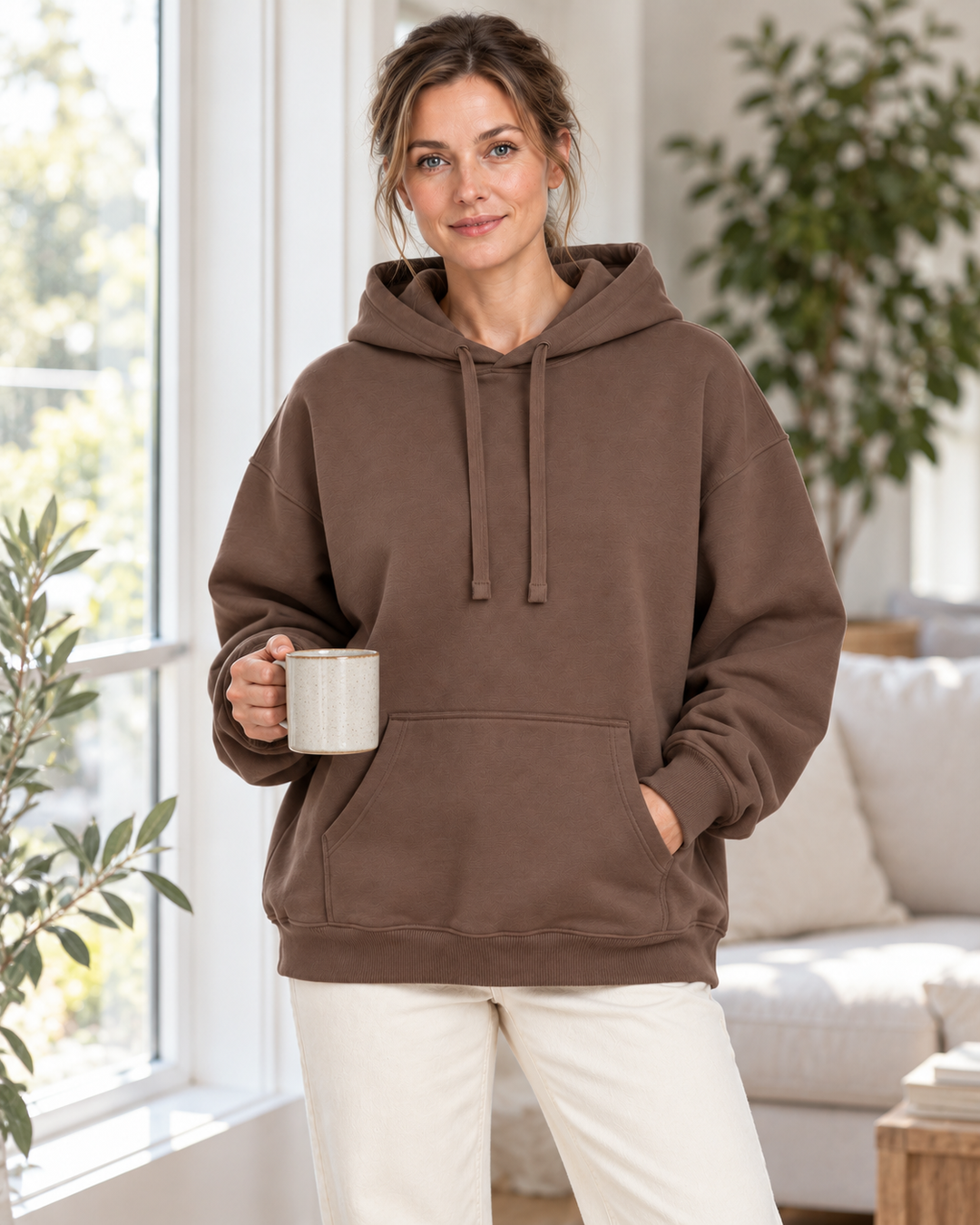 Sitztgut Damen-Hoodie aus Baumwolle, Oversized Fit – Mocha – Lifestyle 2 mit weiblichem Model