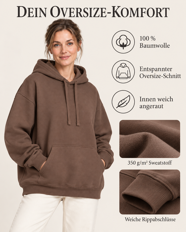Sitztgut Damen-Hoodie aus Baumwolle, Oversized Fit – Mocha – Material und Produktvorteile mit weiblichem Model