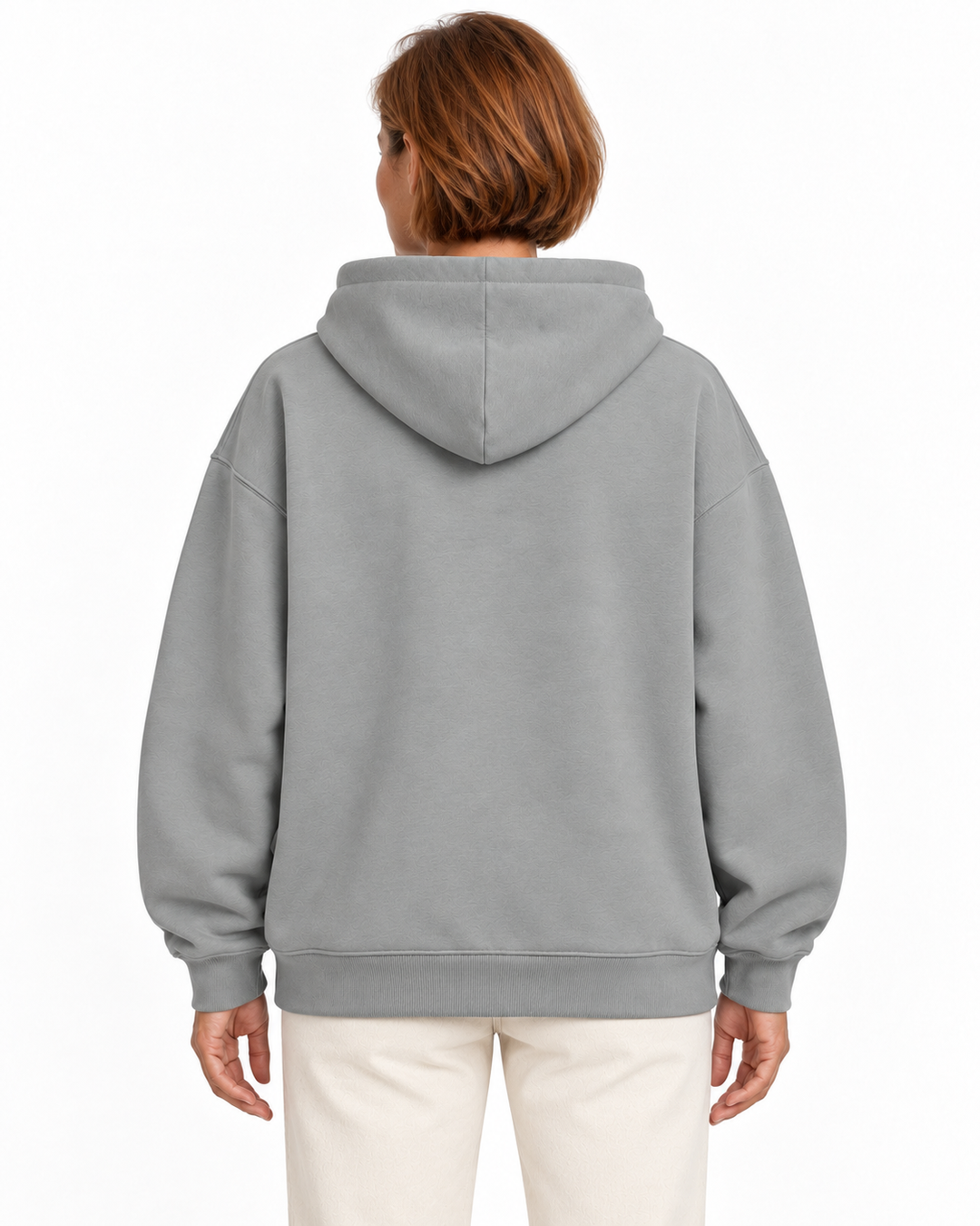 Sitztgut Damen-Hoodie aus Baumwolle, Oversized Fit – Misty Grey – Rückenansicht mit weiblichem Model