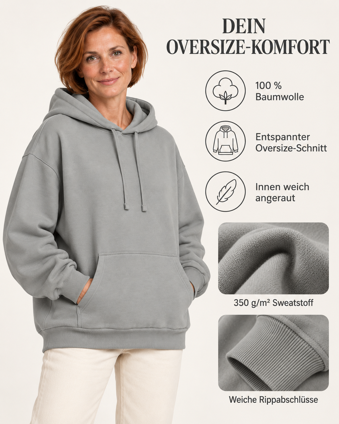 Sitztgut Damen-Hoodie aus Baumwolle, Oversized Fit – Misty Grey – Material und Produktvorteile mit weiblichem Model