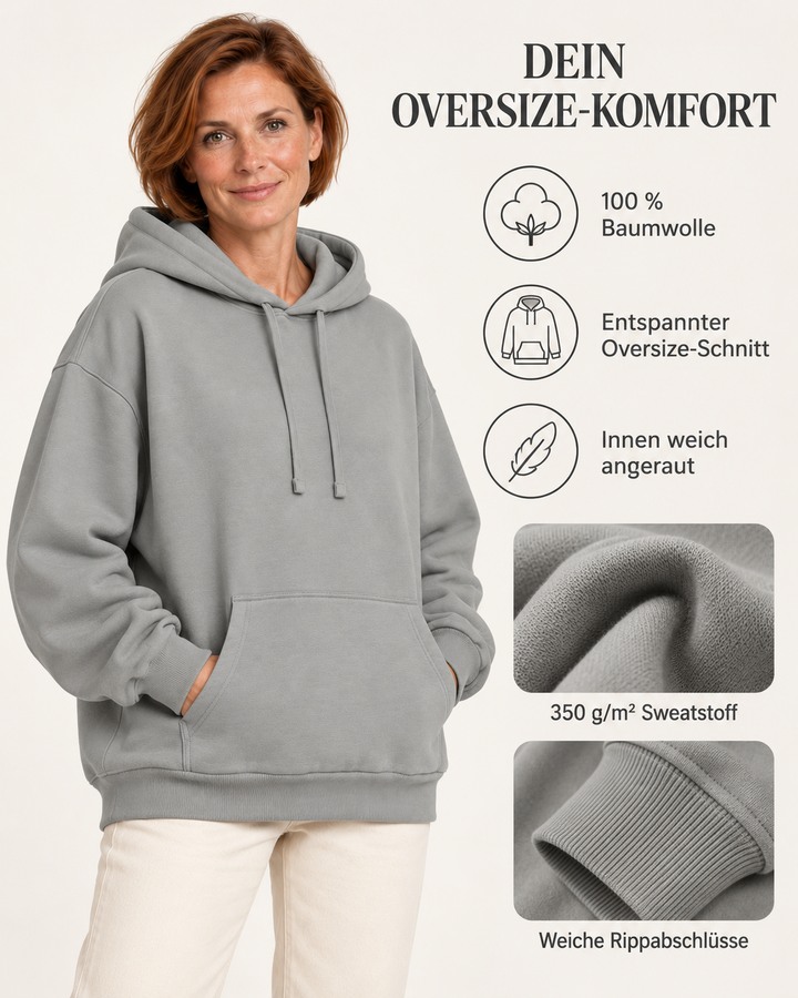 Sitztgut Damen-Hoodie aus Baumwolle, Oversized Fit – Misty Grey – Material und Produktvorteile mit weiblichem Model