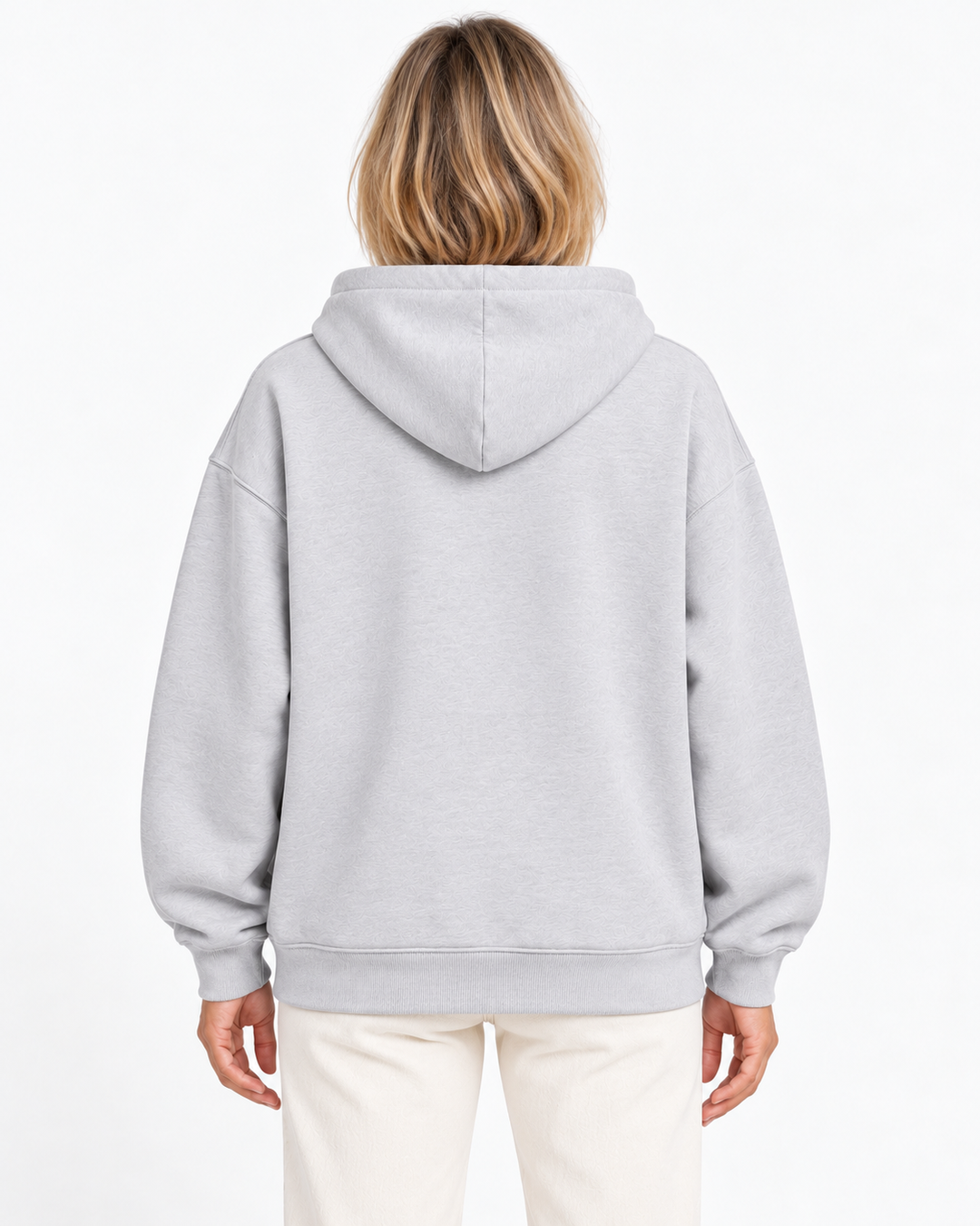 Sitztgut Damen-Hoodie aus Baumwolle, Oversized Fit – Hellgrau meliert (Cool Heather Grey) – Rückenansicht mit weiblichem Model
