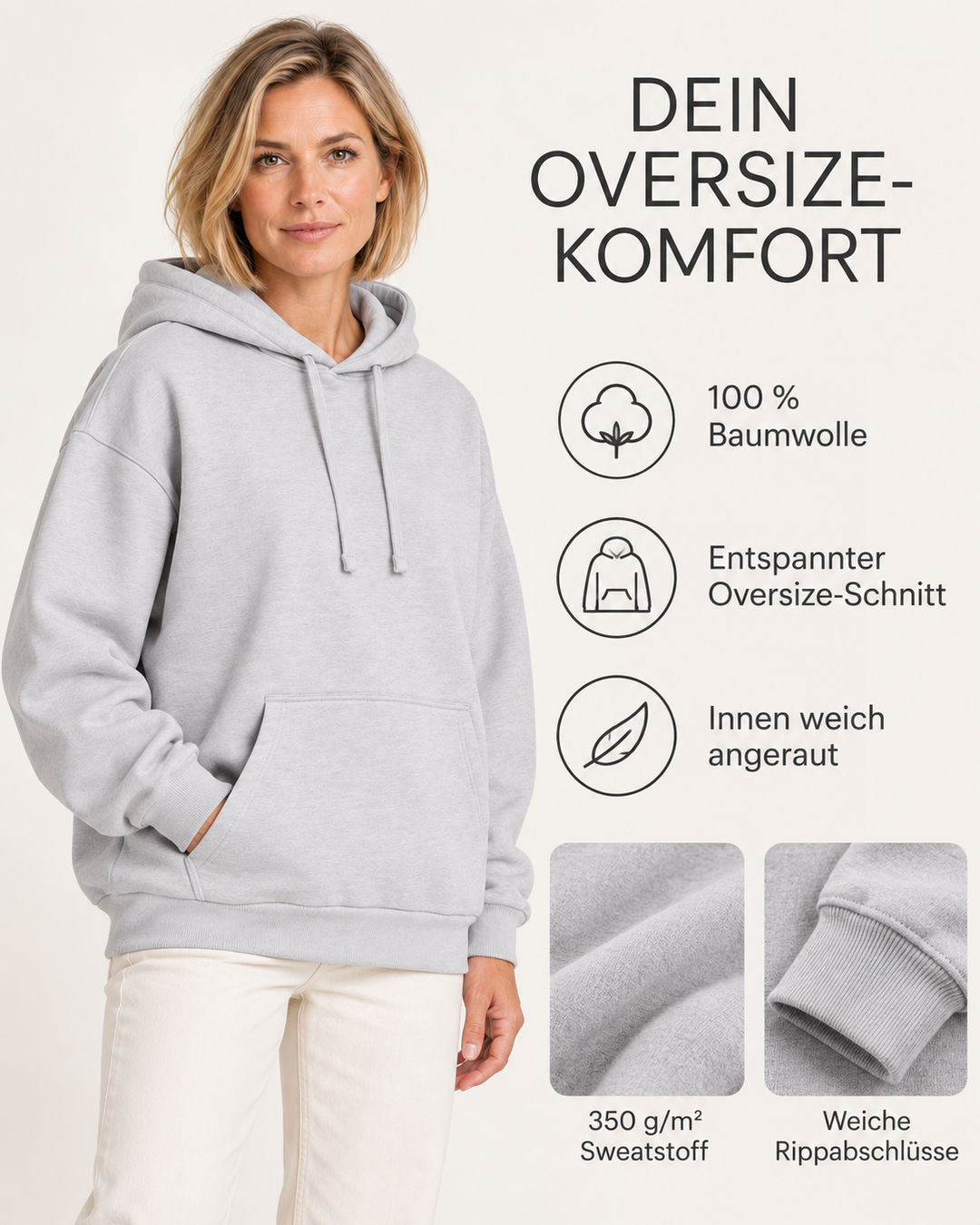 Sitztgut Damen-Hoodie aus Baumwolle, Oversized Fit – Hellgrau meliert (Cool Heather Grey) – Material und Produktvorteile mit weiblichem Model