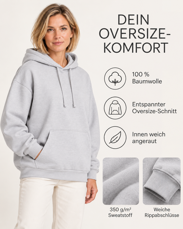Sitztgut Damen-Hoodie aus Baumwolle, Oversized Fit – Hellgrau meliert (Cool Heather Grey) – Material und Produktvorteile mit weiblichem Model