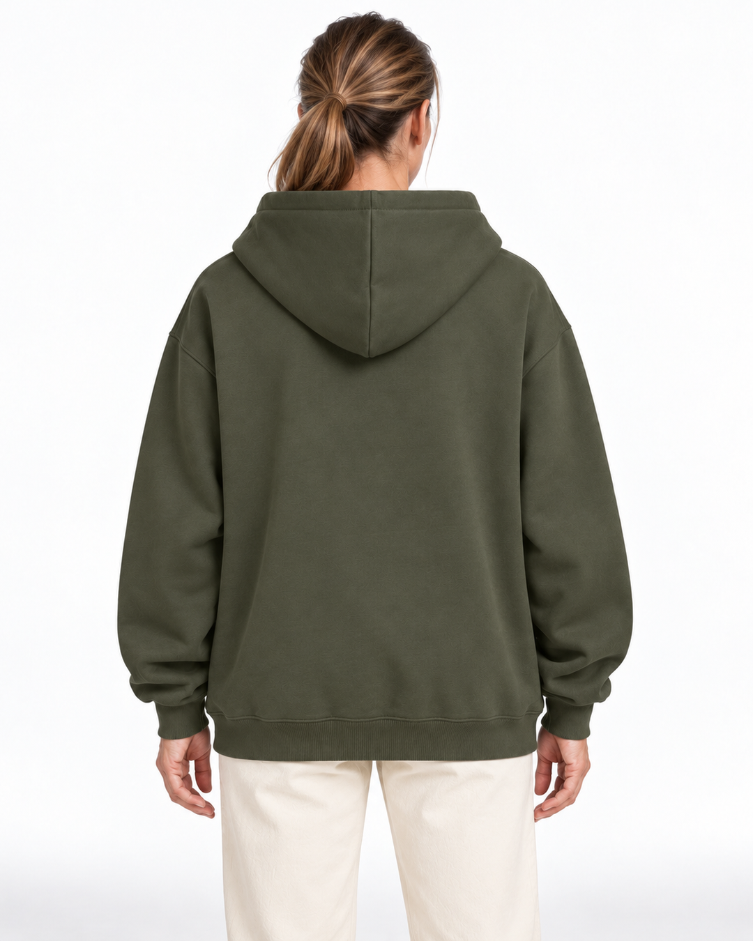 Sitztgut Damen-Hoodie aus Baumwolle, Oversized Fit – Khaki – Rückenansicht mit weiblichem Model