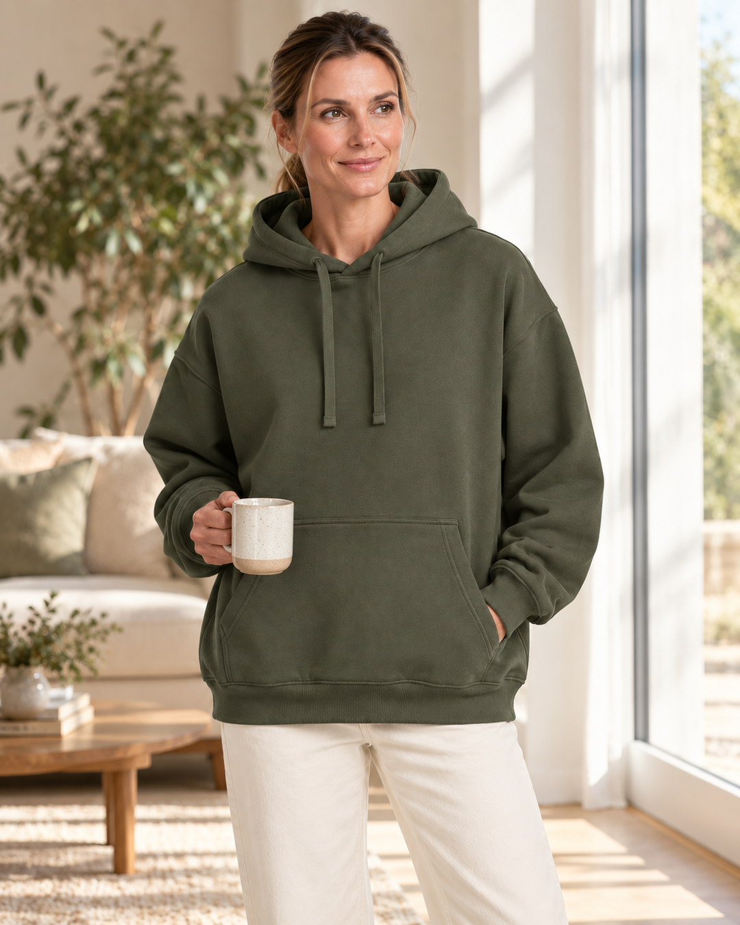 Sitztgut Damen-Hoodie aus Baumwolle, Oversized Fit – Khaki – Lifestyle 2 mit weiblichem Model