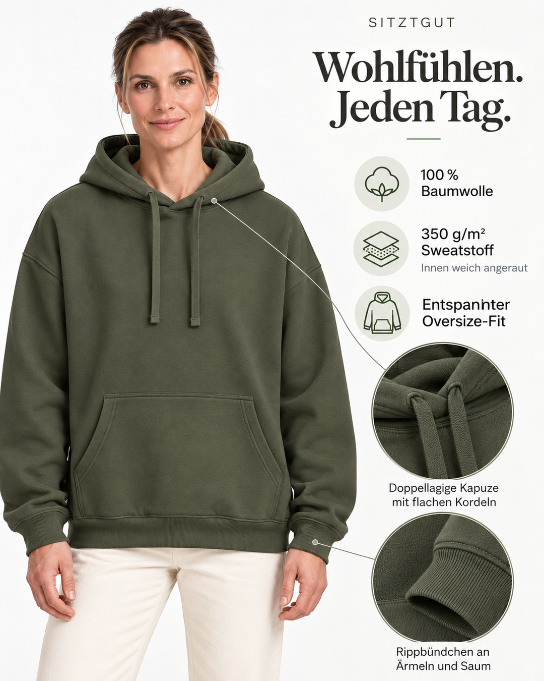 Sitztgut Damen-Hoodie aus Baumwolle, Oversized Fit – Khaki – Material und Produktvorteile mit weiblichem Model