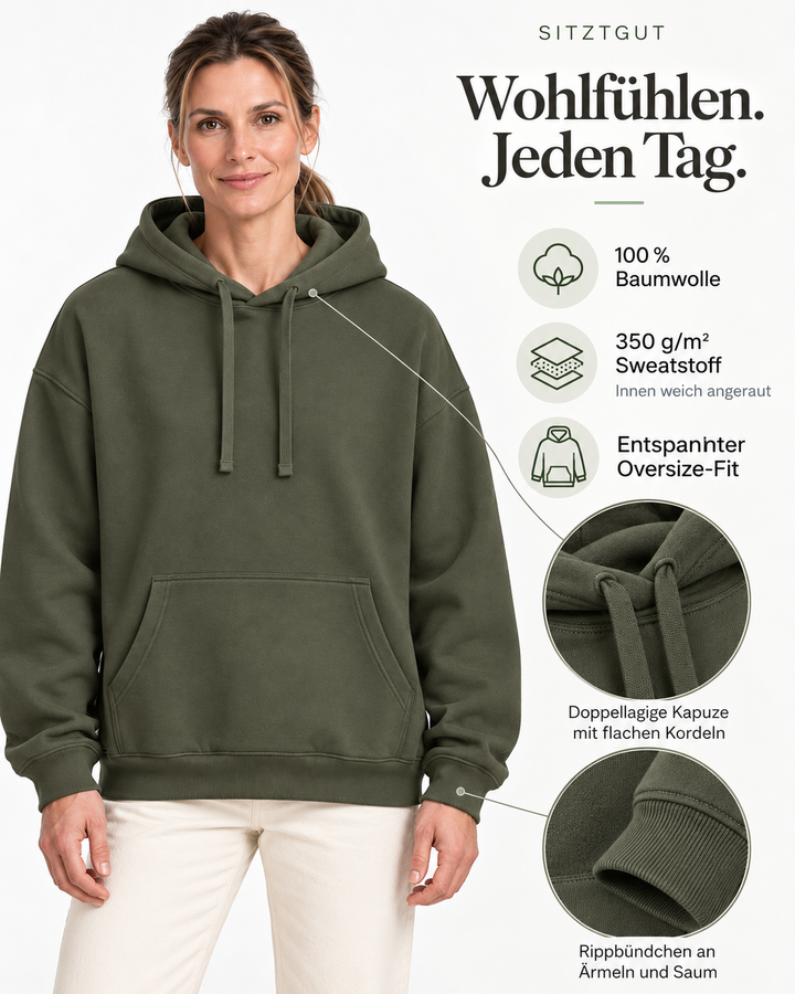 Sitztgut Damen-Hoodie aus Baumwolle, Oversized Fit – Khaki – Material und Produktvorteile mit weiblichem Model