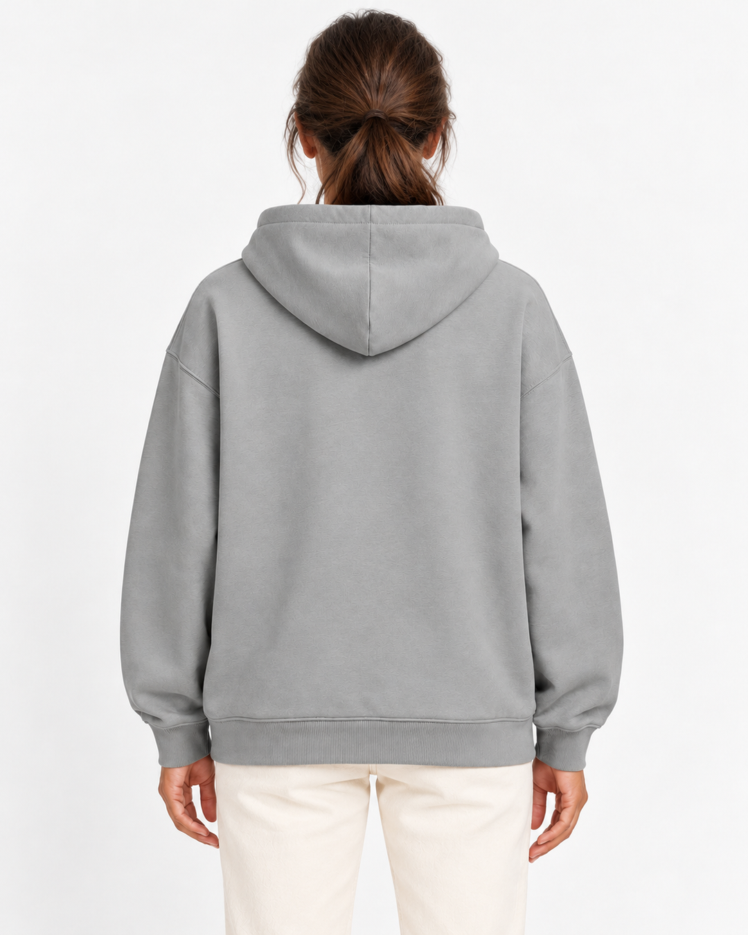 Sitztgut Damen-Hoodie aus Baumwolle, Oversized Fit – Grau meliert (Heather Grey) – Rückenansicht mit weiblichem Model