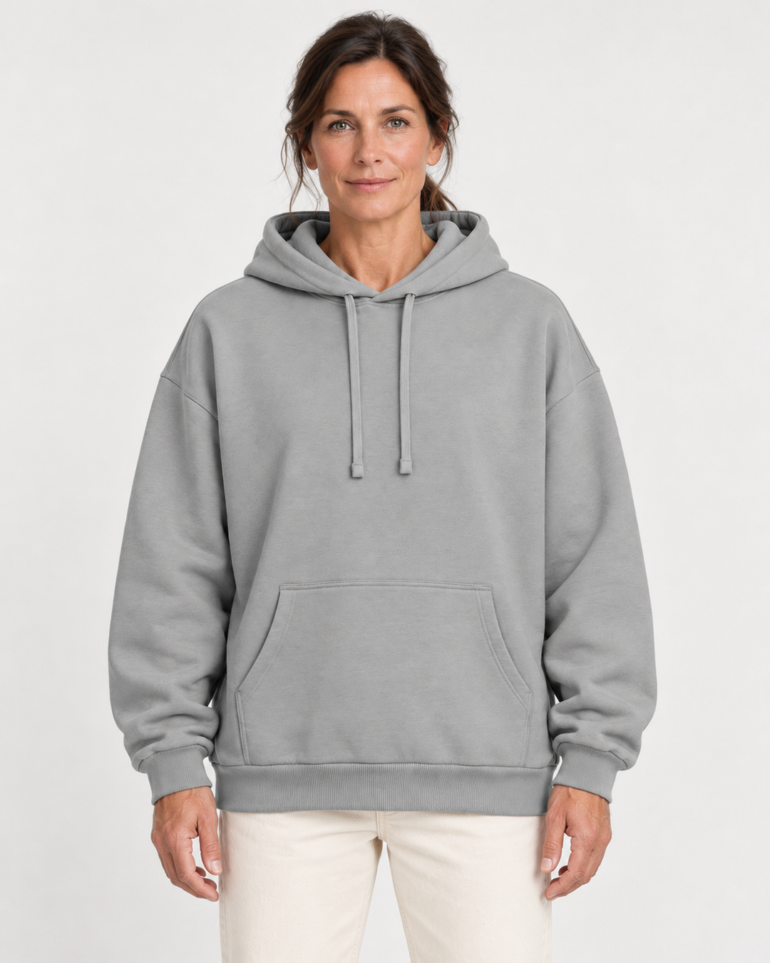 Sitztgut Damen-Hoodie aus Baumwolle, Oversized Fit – Grau meliert (Heather Grey) – Vorderansicht mit weiblichem Model