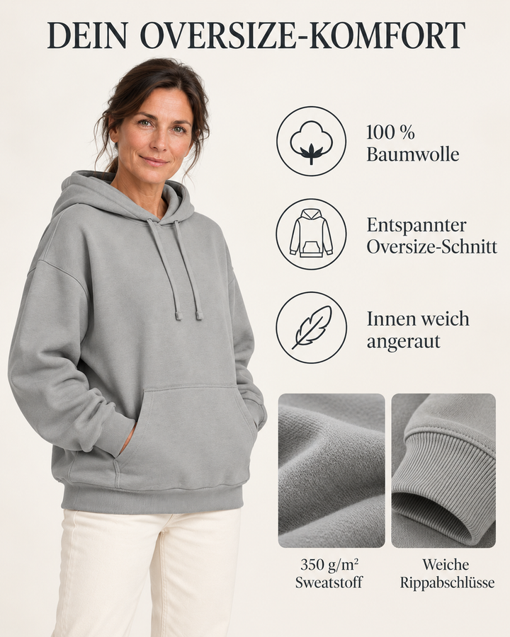 Sitztgut Damen-Hoodie aus Baumwolle, Oversized Fit – Grau meliert (Heather Grey) – Material und Produktvorteile mit weiblichem Model