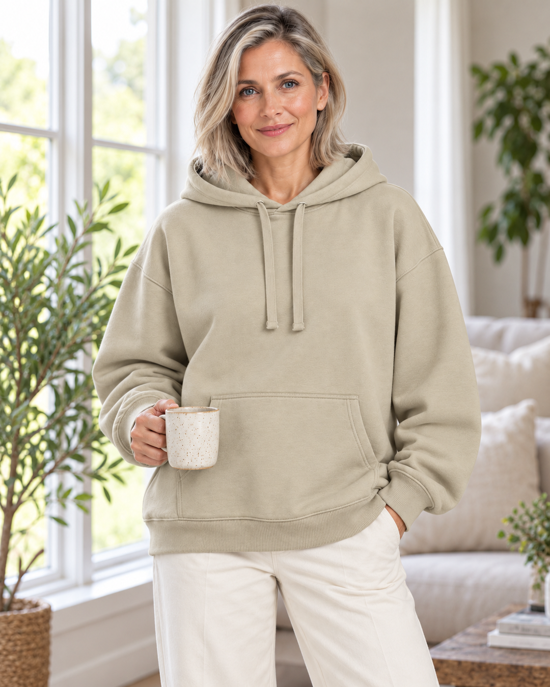 Sitztgut Damen-Hoodie aus Baumwolle, Oversized Fit – Stone – Lifestyle 2 mit weiblichem Model