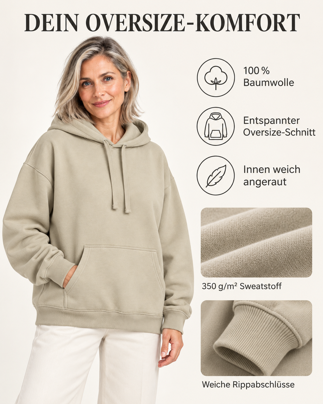 Sitztgut Damen-Hoodie aus Baumwolle, Oversized Fit – Stone – Material und Produktvorteile mit weiblichem Model