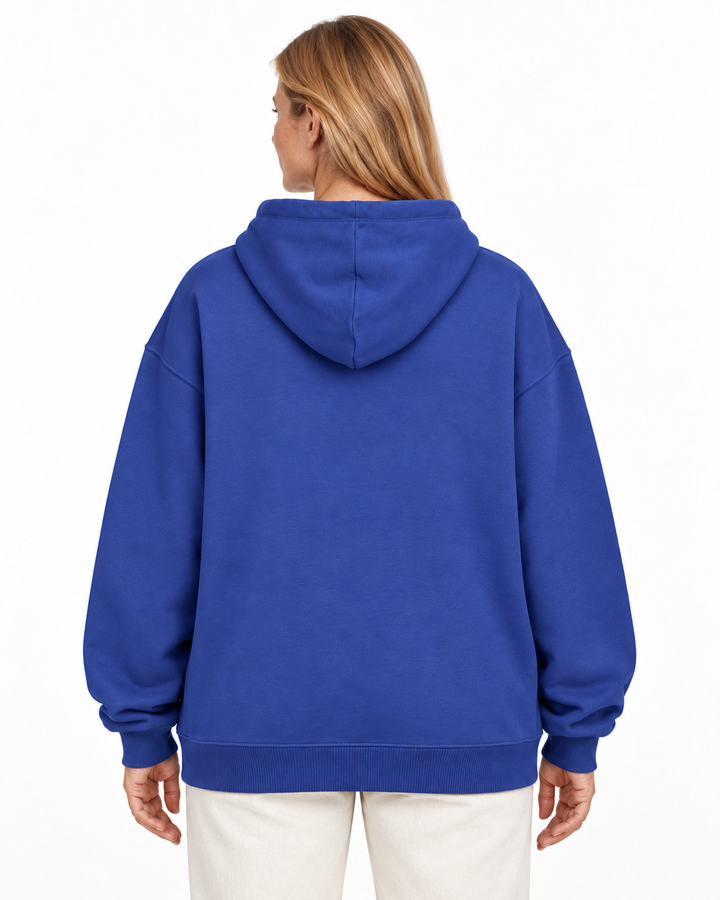 Sitztgut Damen-Hoodie aus Baumwolle, Oversized Fit – Dusk – Rückenansicht mit weiblichem Model