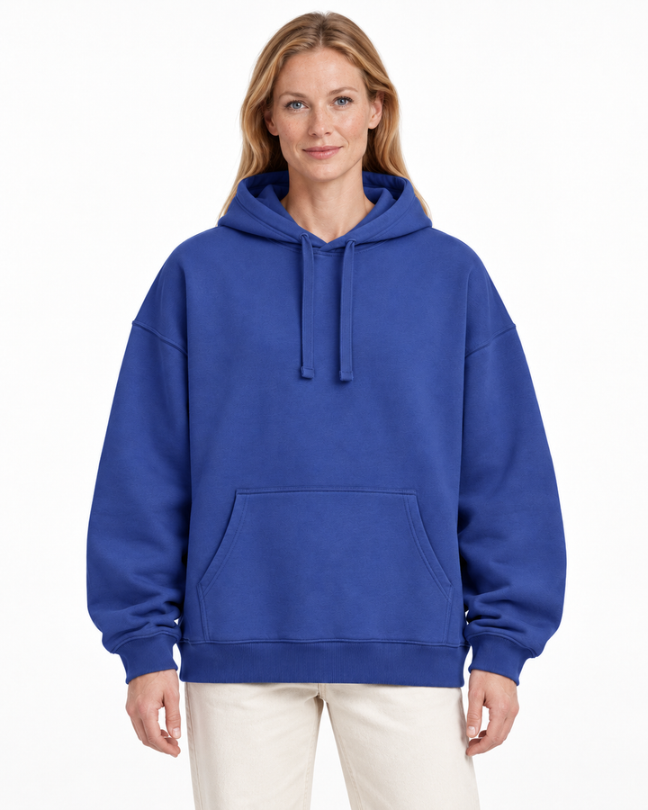 Sitztgut Damen-Hoodie aus Baumwolle, Oversized Fit – Dusk – Vorderansicht mit weiblichem Model