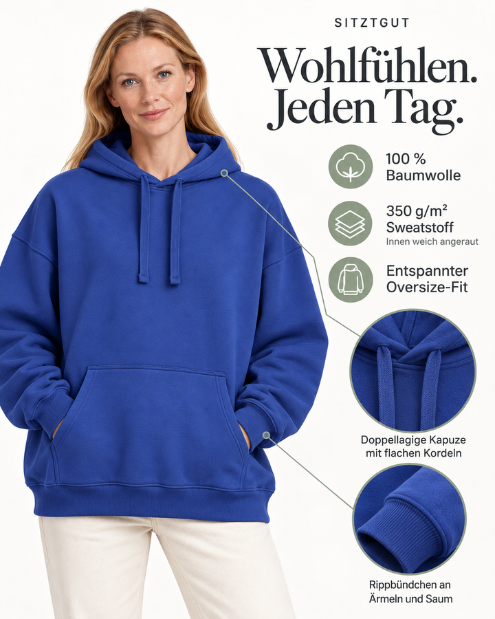 Sitztgut Damen-Hoodie aus Baumwolle, Oversized Fit – Dusk – Material und Produktvorteile mit weiblichem Model