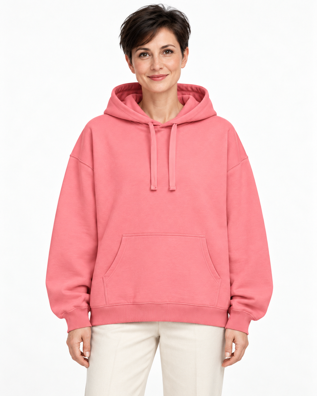 Sitztgut Damen-Hoodie aus Baumwolle, Oversized Fit – Pink Joy – Vorderansicht mit weiblichem Model