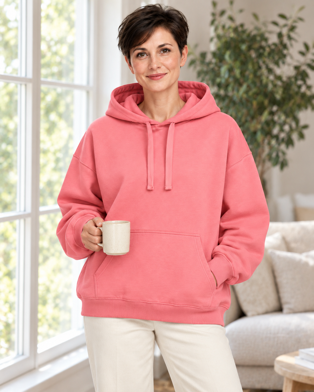 Sitztgut Damen-Hoodie aus Baumwolle, Oversized Fit – Pink Joy – Lifestyle 2 mit weiblichem Model