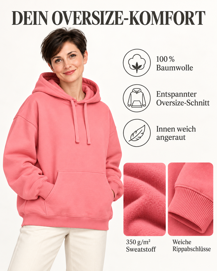 Sitztgut Damen-Hoodie aus Baumwolle, Oversized Fit – Pink Joy – Material und Produktvorteile mit weiblichem Model
