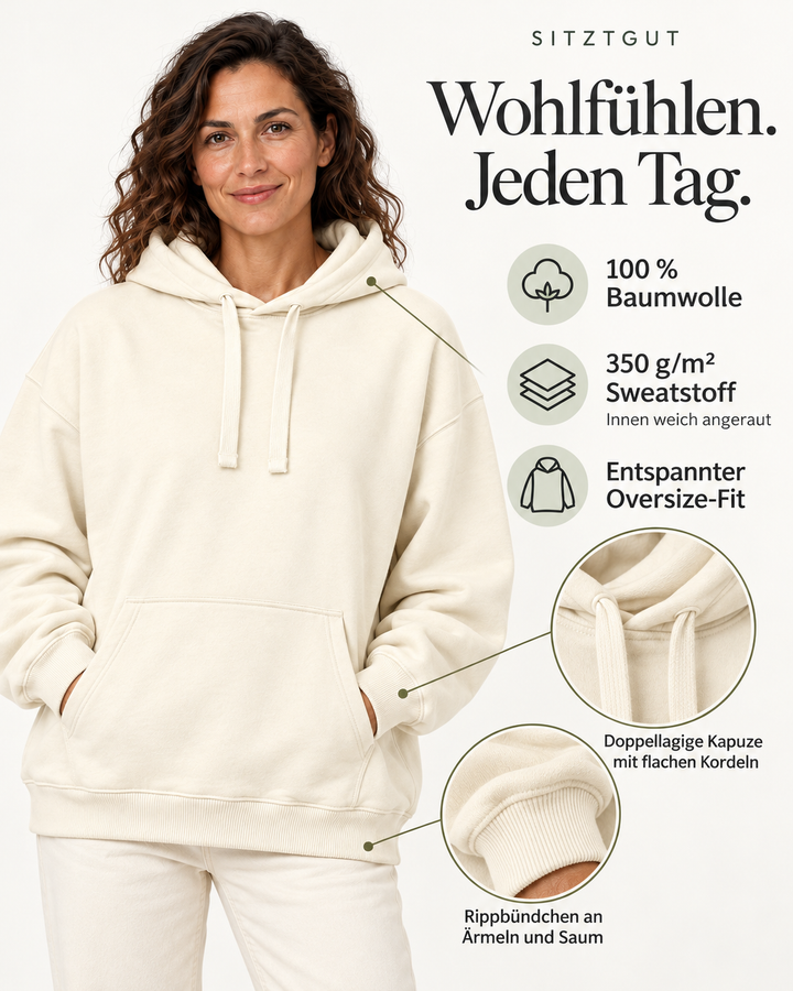 Sitztgut Damen-Hoodie aus Baumwolle, Oversized Fit – Cream – Material und Produktvorteile mit weiblichem Model