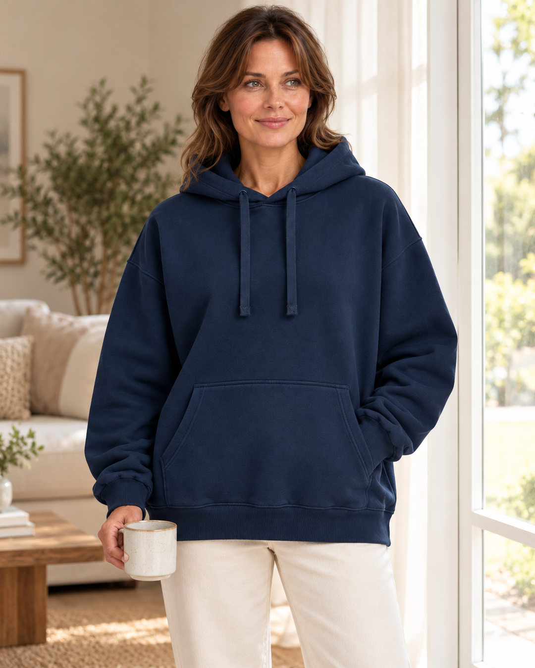 Sitztgut Damen-Hoodie aus Baumwolle, Oversized Fit – Marineblau – Lifestyle 2 mit weiblichem Model