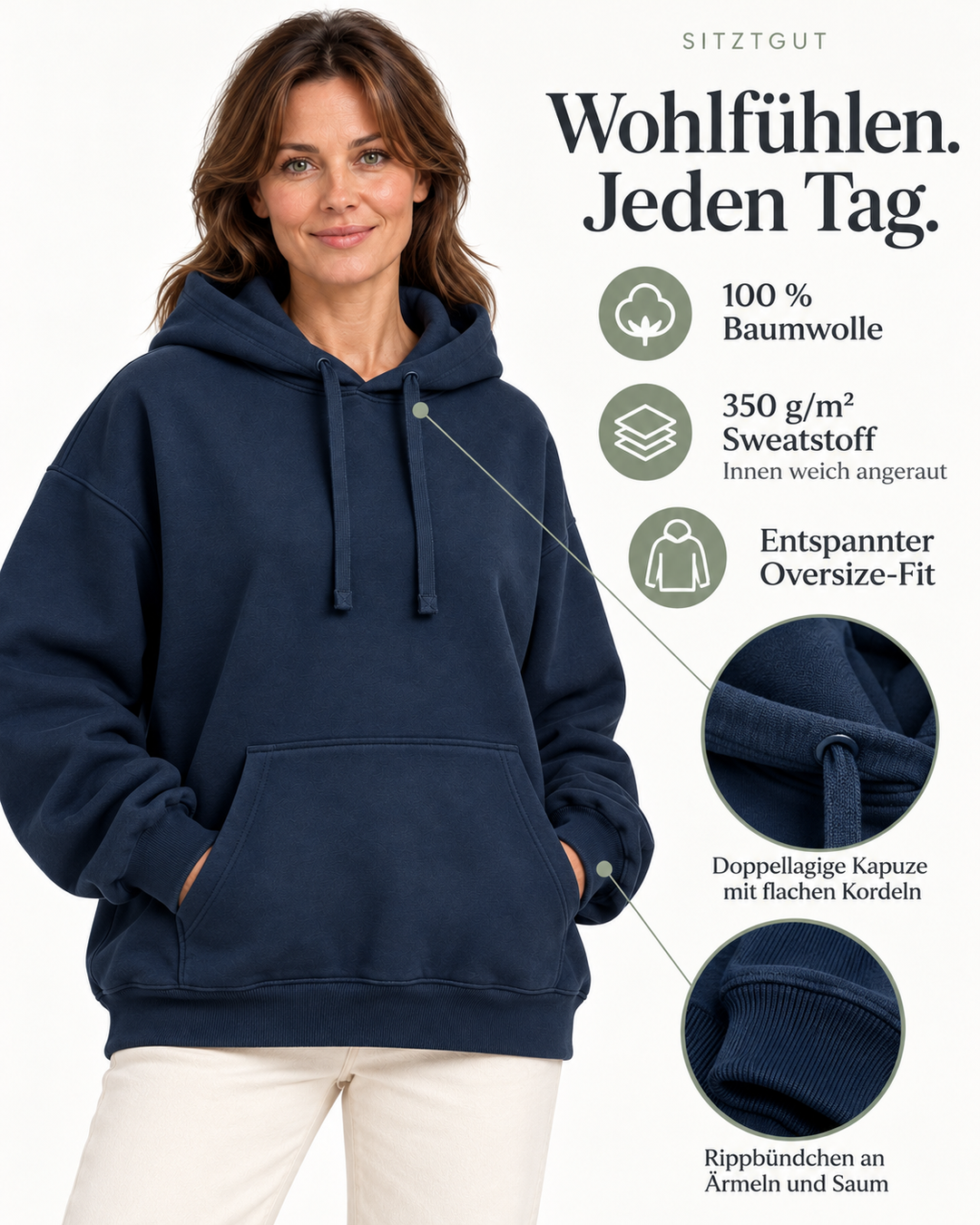 Sitztgut Damen-Hoodie aus Baumwolle, Oversized Fit – Marineblau – Material und Produktvorteile mit weiblichem Model