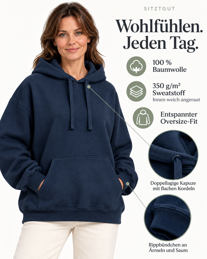 Sitztgut Damen-Hoodie aus Baumwolle, Oversized Fit – Marineblau – Material und Produktvorteile mit weiblichem Model