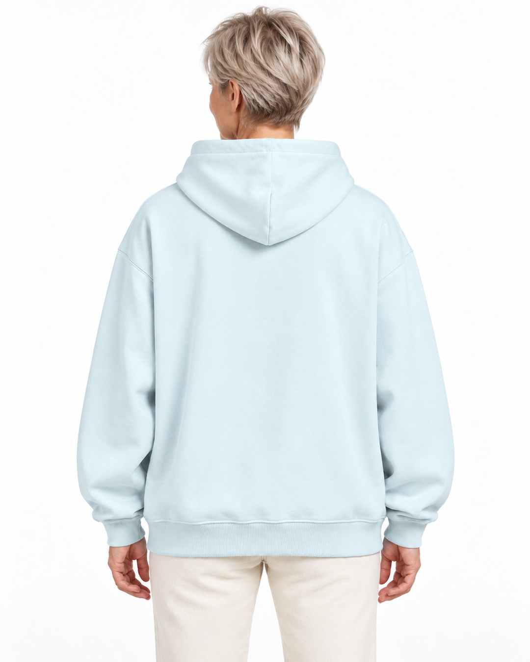 Sitztgut Damen-Hoodie aus Baumwolle, Oversized Fit – Blue Ice – Rückenansicht mit weiblichem Model