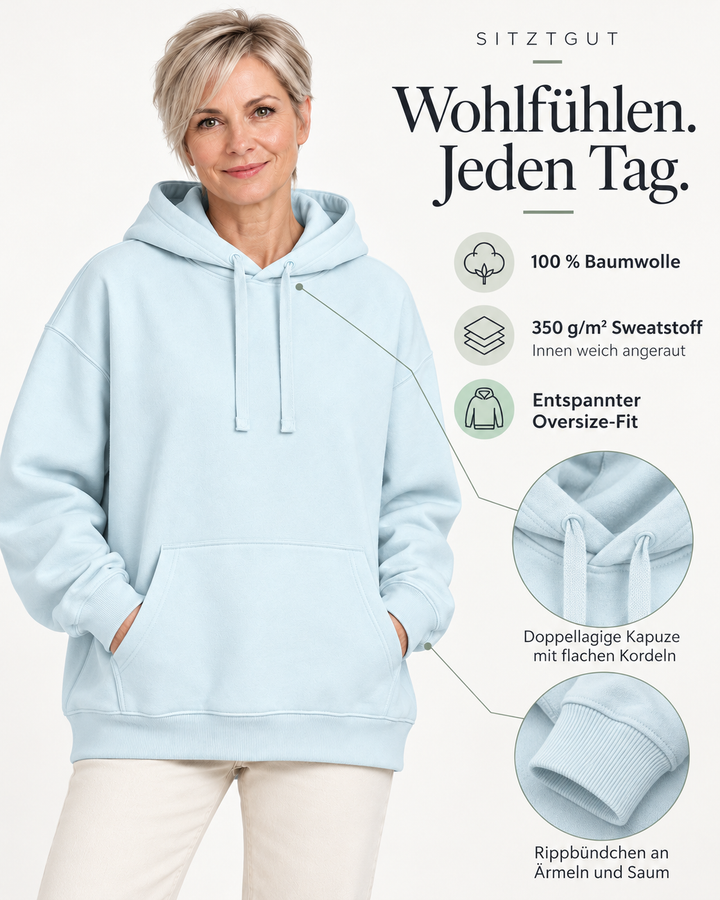 Sitztgut Damen-Hoodie aus Baumwolle, Oversized Fit – Blue Ice – Material und Produktvorteile mit weiblichem Model