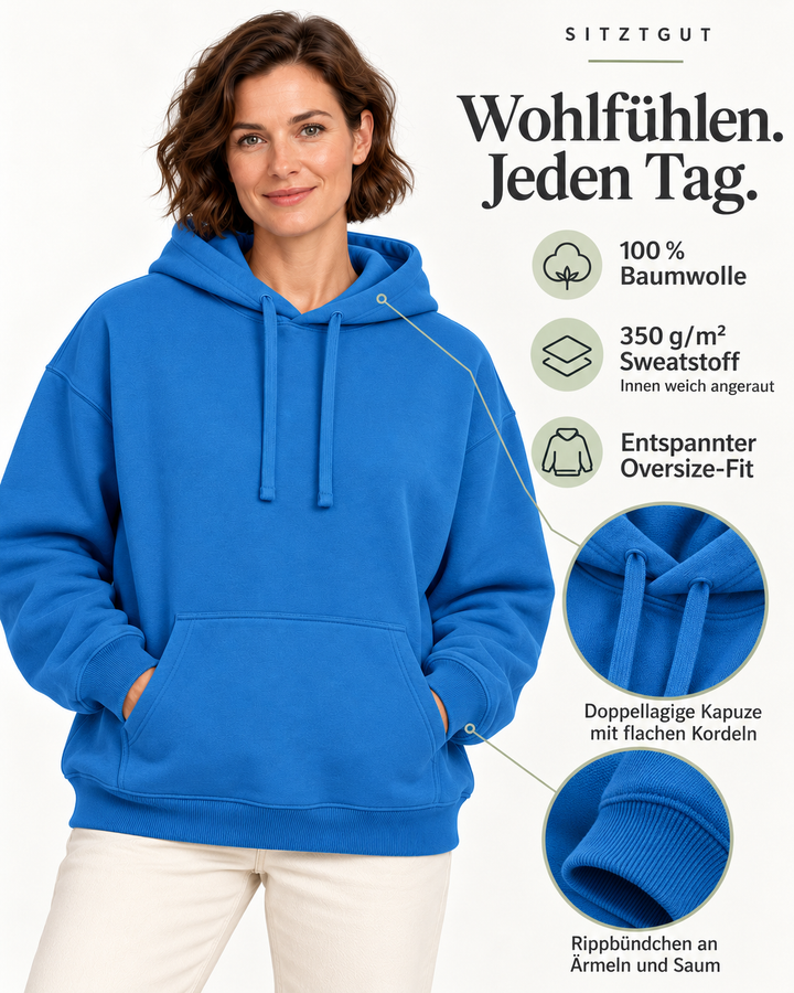 Sitztgut Damen-Hoodie aus Baumwolle, Oversized Fit – Blau (Mindful Blue) – Material und Produktvorteile mit weiblichem Model