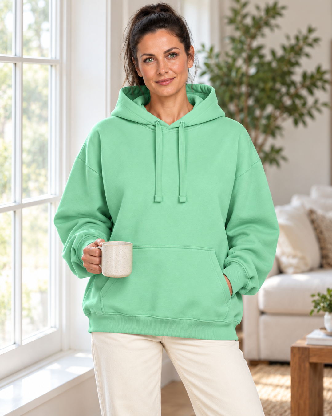 Sitztgut Damen-Hoodie aus Baumwolle, Oversized Fit – Misty Jade – Lifestyle 2 mit weiblichem Model