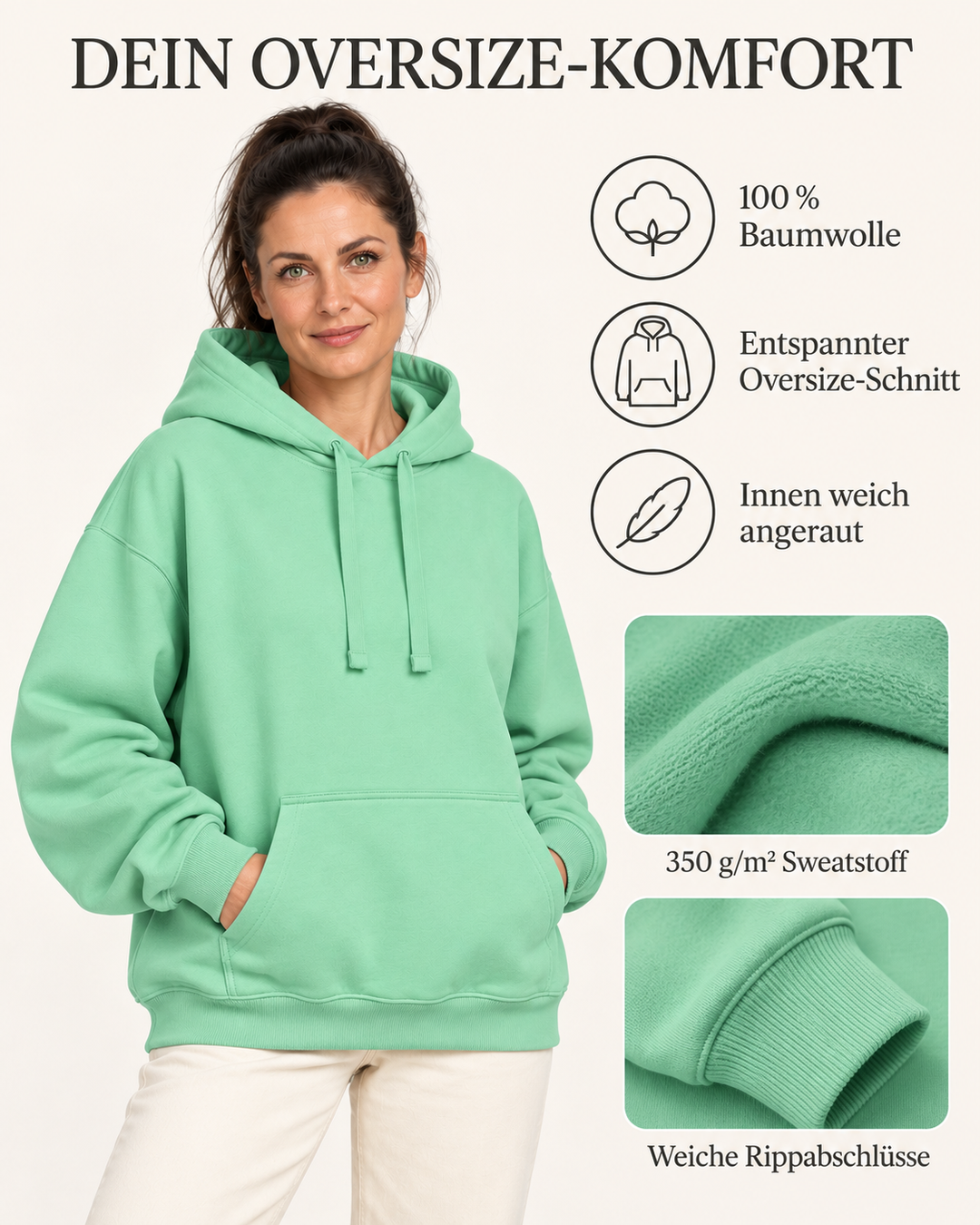 Sitztgut Damen-Hoodie aus Baumwolle, Oversized Fit – Misty Jade – Material und Produktvorteile mit weiblichem Model