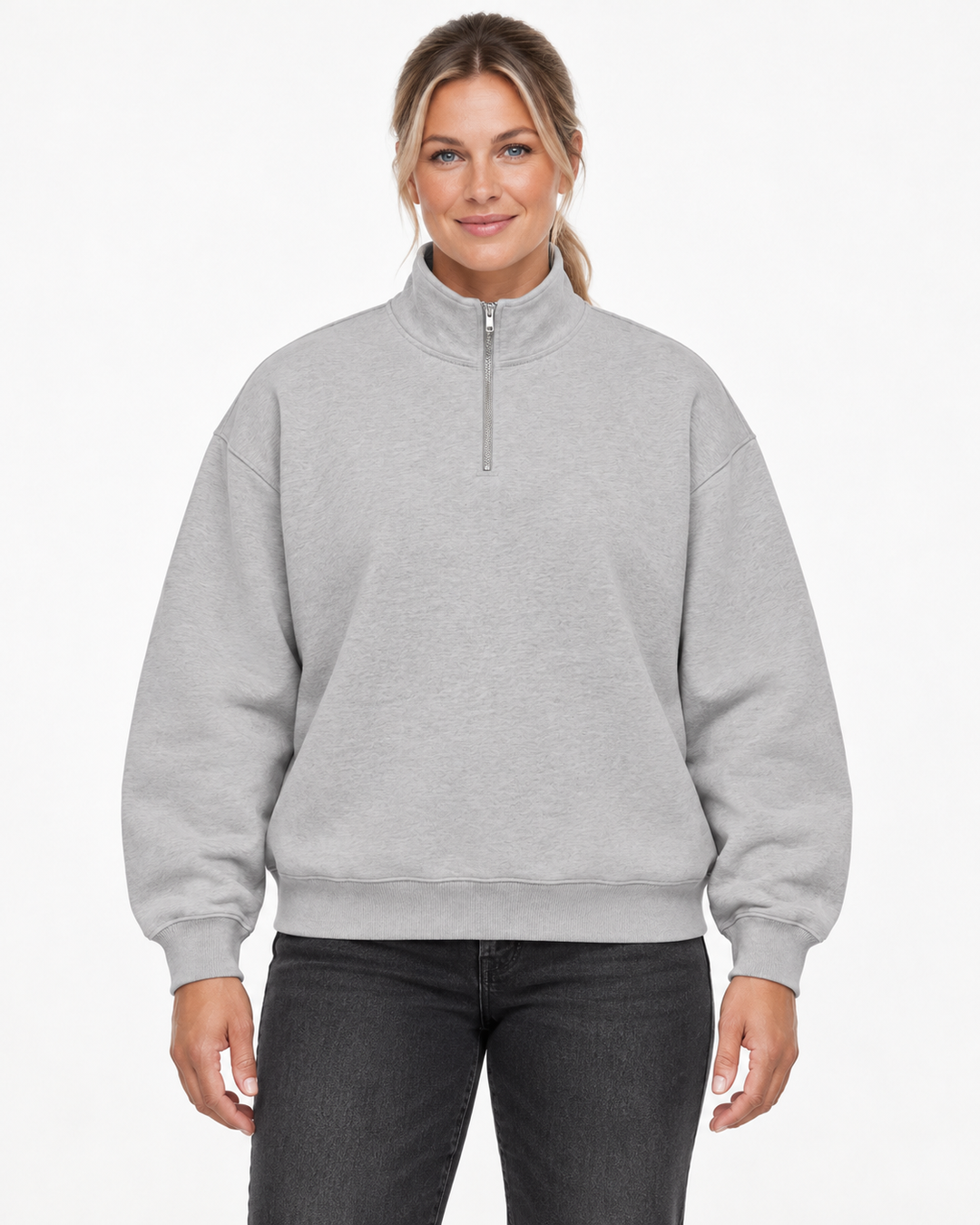 Sitztgut Damen-Sweatshirt mit Viertelreißverschluss, 400 g/m² – Grau – Vorderansicht mit weiblichem Model