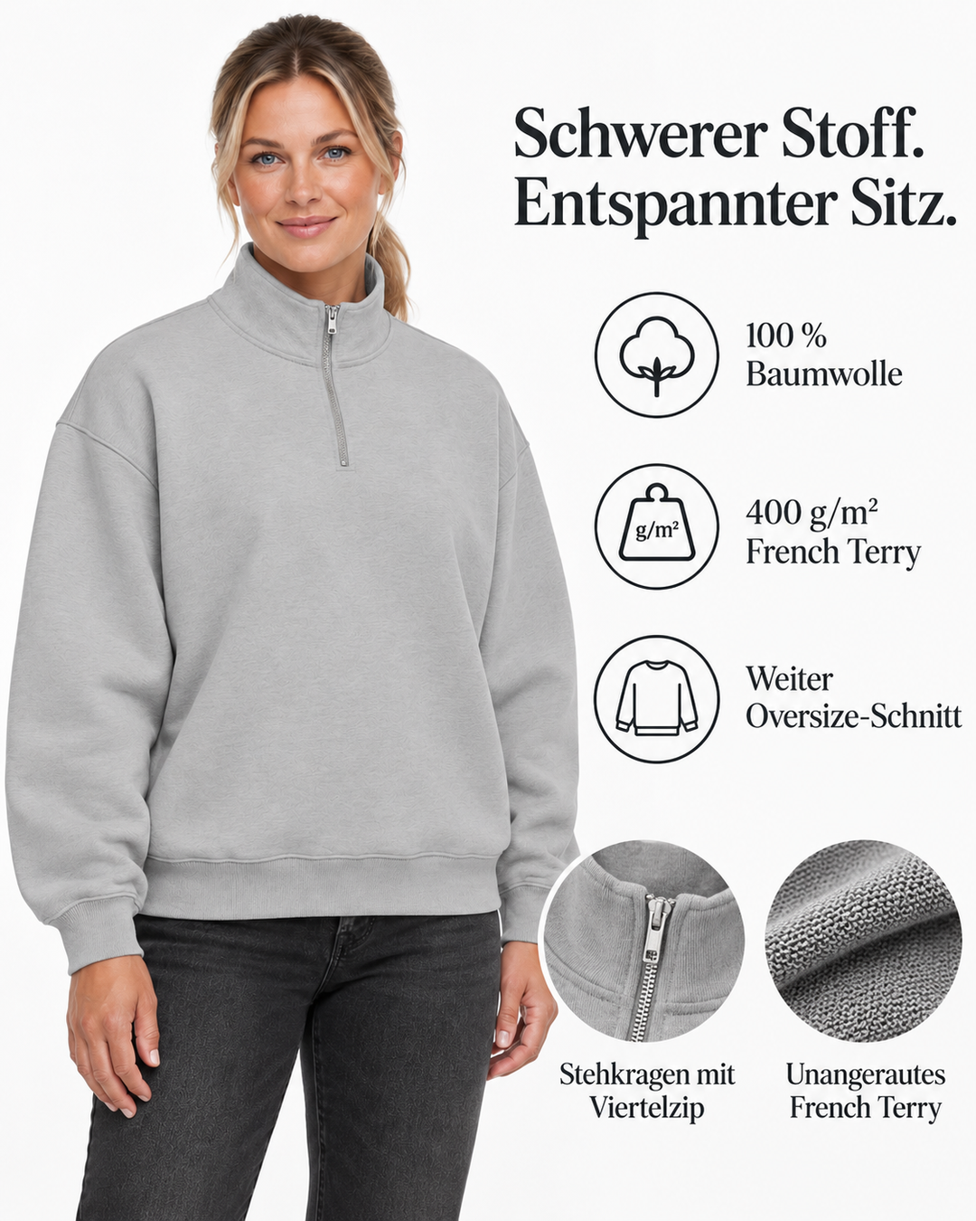 Sitztgut Damen-Sweatshirt mit Viertelreißverschluss, 400 g/m² – Grau – Material und Produktvorteile mit weiblichem Model
