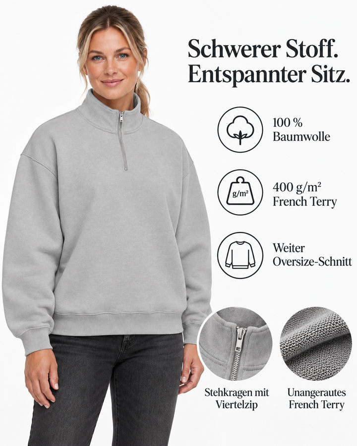 Sitztgut Damen-Sweatshirt mit Viertelreißverschluss, 400 g/m² – Grau – Material und Produktvorteile mit weiblichem Model