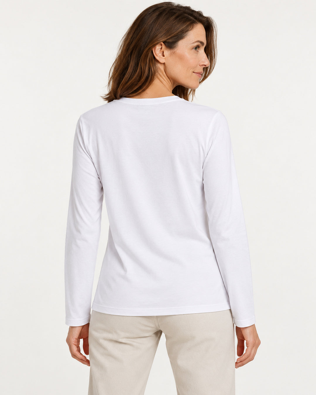 Sitztgut Damen-Langarmshirt aus Baumwolle – Weiß – Rückenansicht