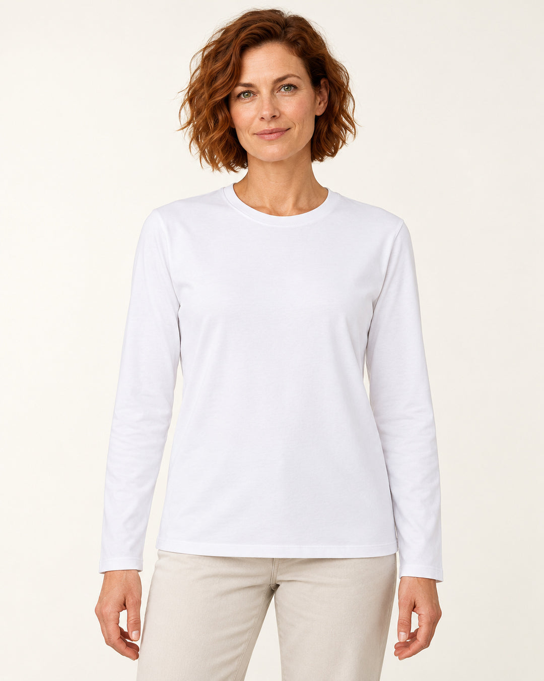Sitztgut Damen-Langarmshirt aus Baumwolle – Weiß – Vorderansicht