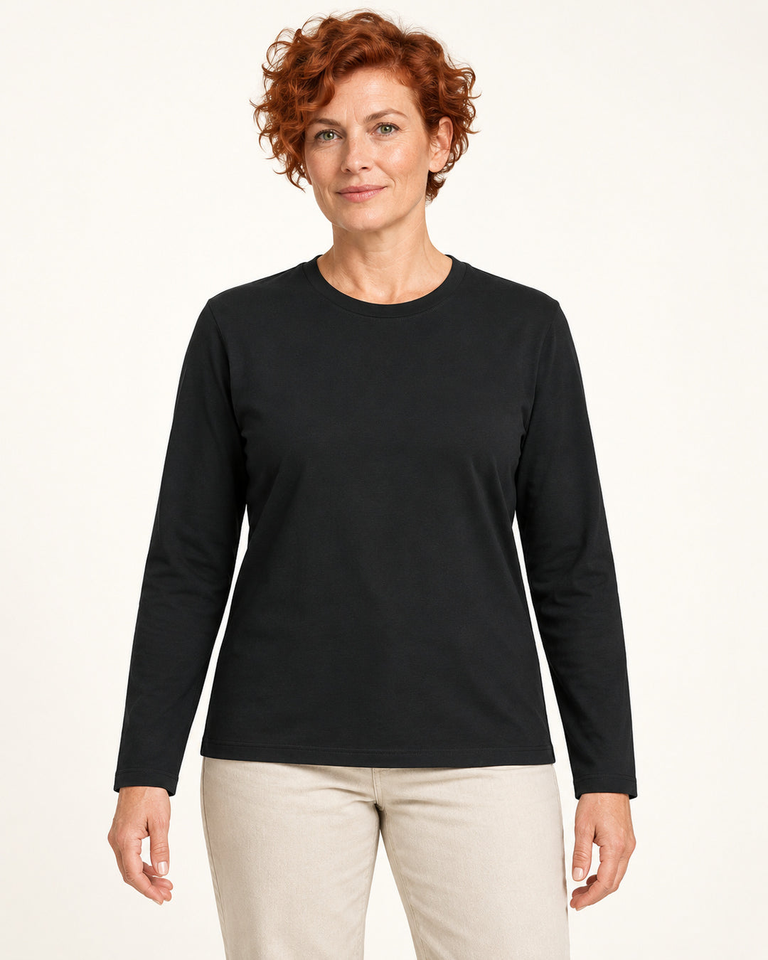 Sitztgut Damen-Langarmshirt aus Baumwolle – Schwarz – Vorderansicht