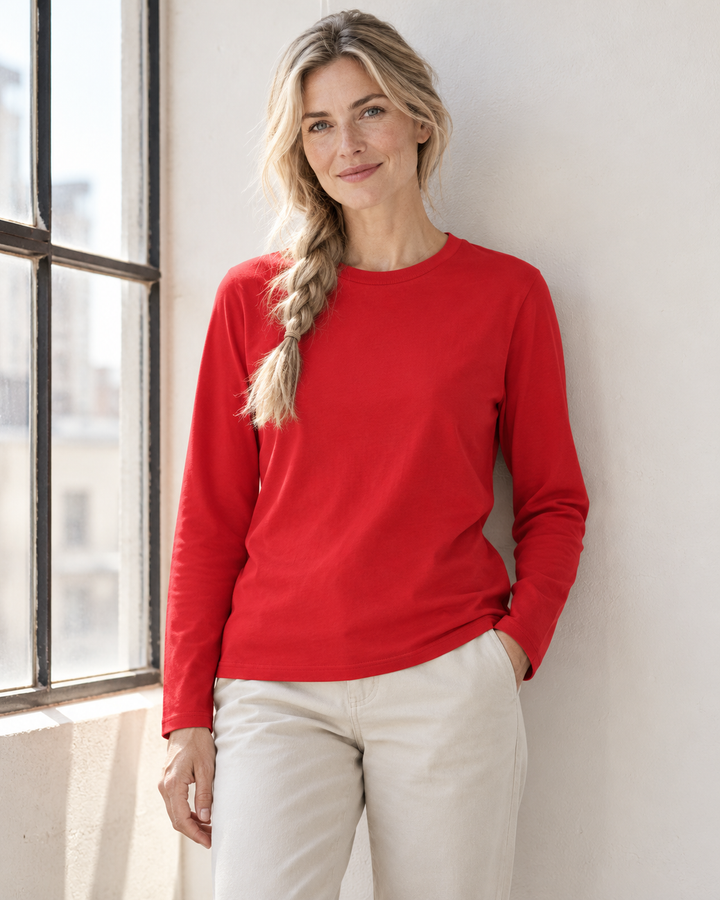 Sitztgut Damen-Langarmshirt aus Baumwolle – Rot – Lifestyle 2