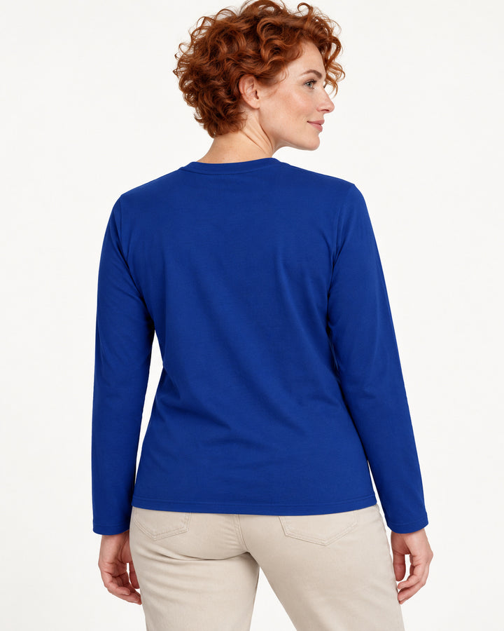 Sitztgut Damen-Langarmshirt aus Baumwolle – Blau – Rückenansicht