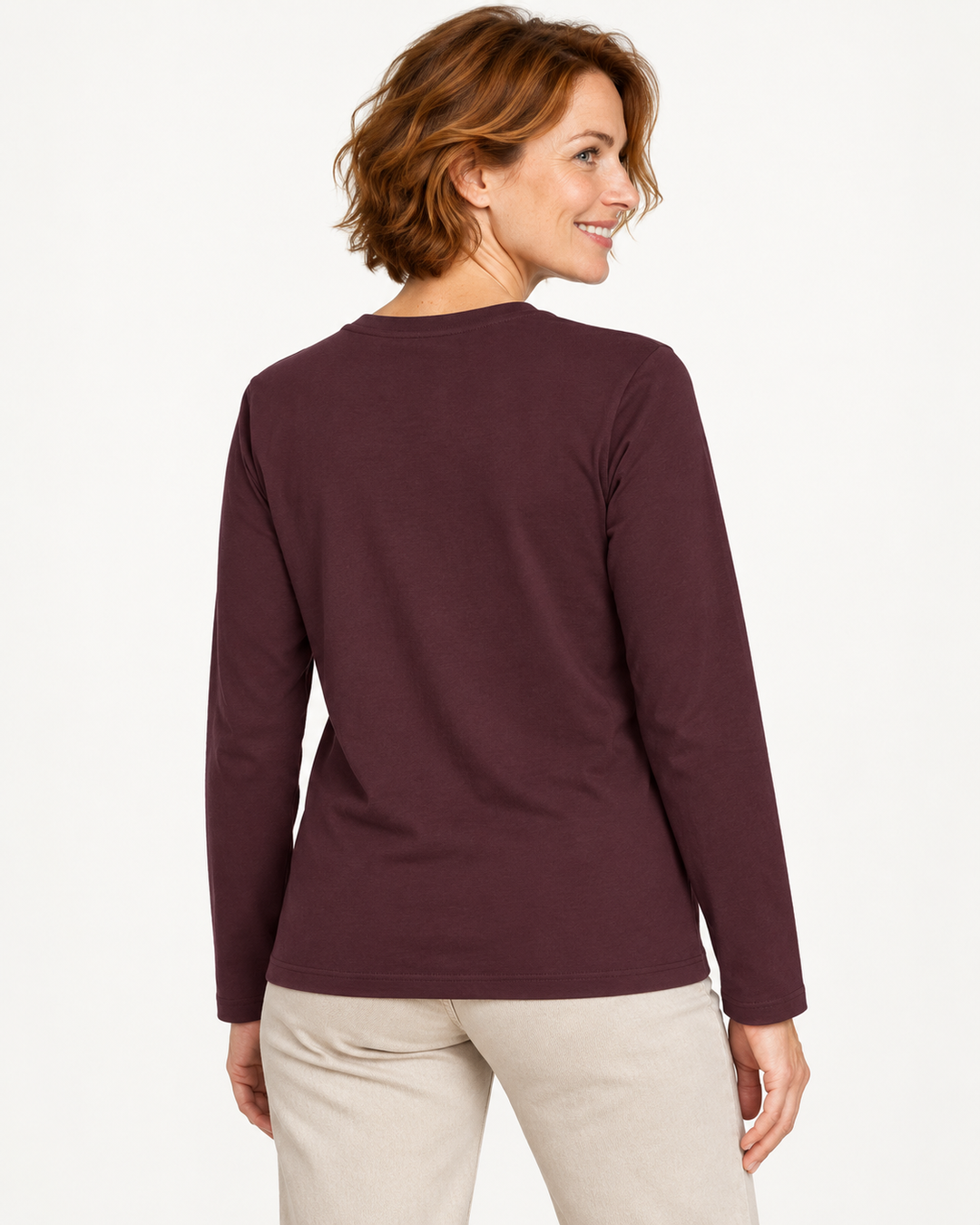 Sitztgut Damen-Langarmshirt aus Baumwolle – Rotbraun – Rückenansicht