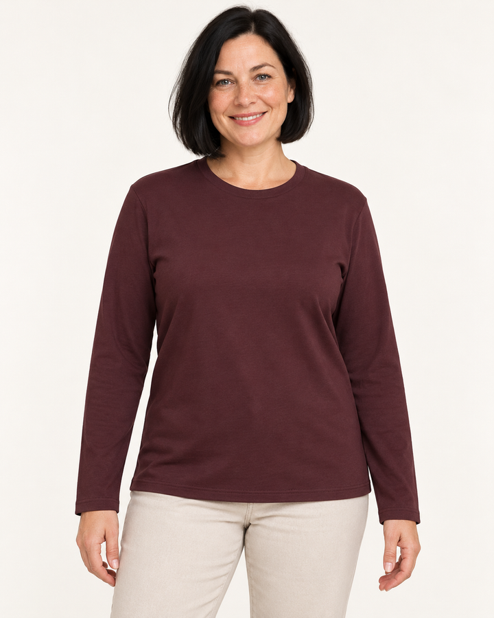 Sitztgut Damen-Langarmshirt aus Baumwolle – Rotbraun – Vorderansicht