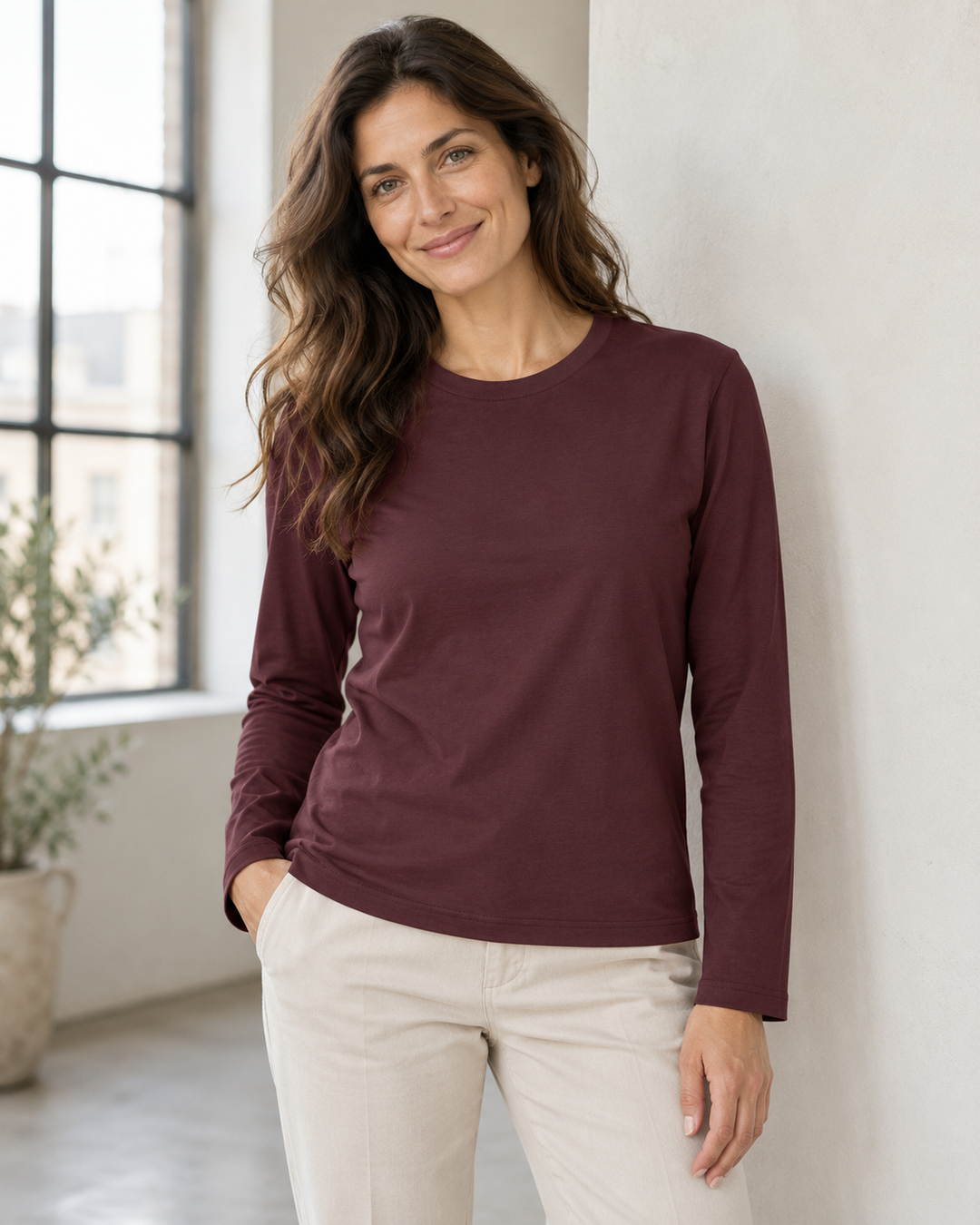 Sitztgut Damen-Langarmshirt aus Baumwolle – Rotbraun – Lifestyle 2