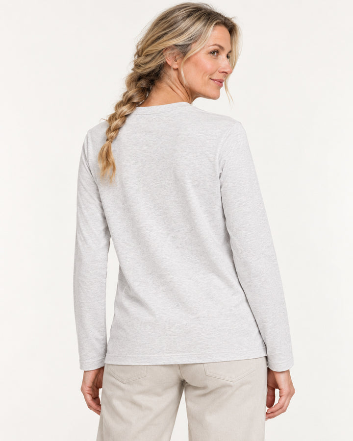 Sitztgut Damen-Langarmshirt aus Baumwolle – Hellgrau meliert (Cool Heather Grey) – Rückenansicht