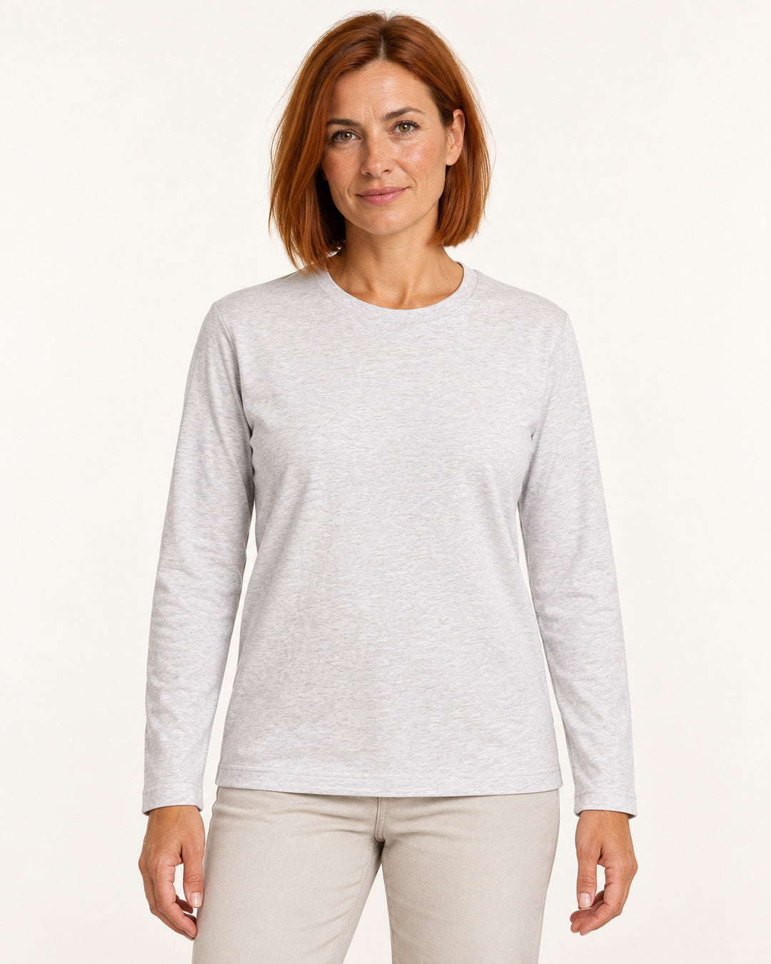 Sitztgut Damen-Langarmshirt aus Baumwolle – Hellgrau meliert (Cool Heather Grey) – Vorderansicht